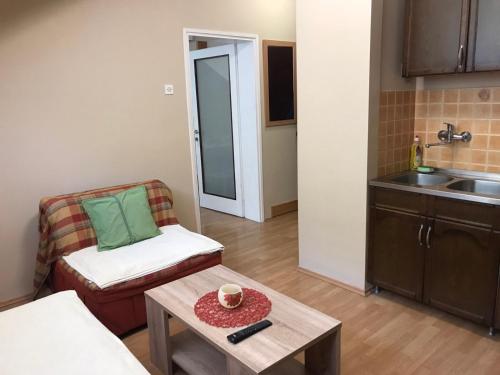 una pequeña sala de estar con mesa y silla en Apartman Spasic, en Ribarska Banja