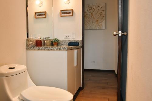 a bathroom with a white toilet and a counter at Infinity Pool Apartment in San Salvador