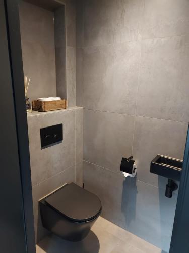 a bathroom with a toilet and a box on the wall at Vakantiewoning Nimmerdor, Grijpskerke, dichtbij strand en stad in Grijpskerke