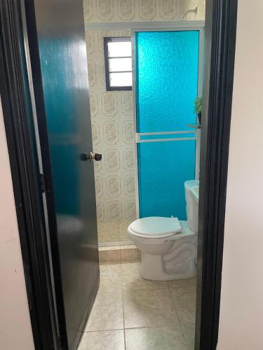 La casa de flor في كارتاهينا دي اندياس: حمام مع مرحاض كشك الدش الأزرق
