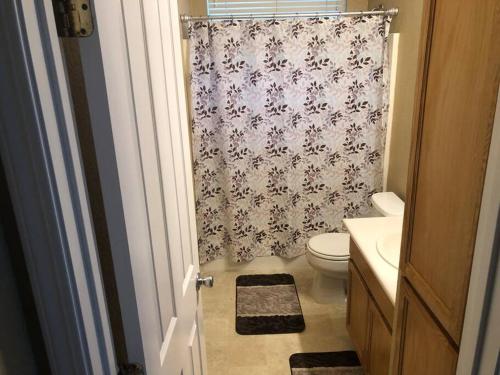 Un baño con inodoro y cortina de ducha. en Quiet 1-Bed and Private Bath - Ideal for Travel Nurse, en Antioch