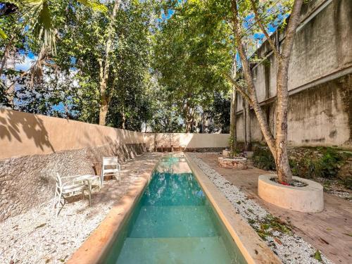 a swimming pool with two chairs and a tree at Casa Xaan - Paraiso en Valladolid in Valladolid