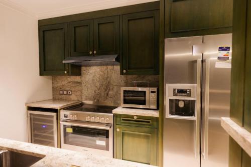 a kitchen with green cabinets and stainless steel appliances at the best charming condo on the Nile in Cairo