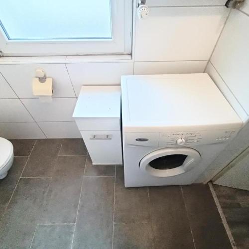 een kleine witte badkamer met een toilet en een wastafel bij Hattersheim 3 Room Apartment in Hattersheim