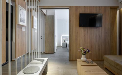 a living room with a couch and a tv on a wall at Heritage & Tales: Sihna in Litochoro