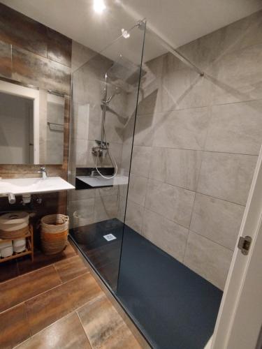 a bathroom with a shower and a sink at Llançà Apartament Platja Cau del Llop in Llança