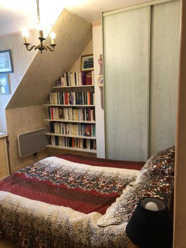 une chambre avec un lit et une étagère dans l'établissement Yufan, à La Ville-du-Bois