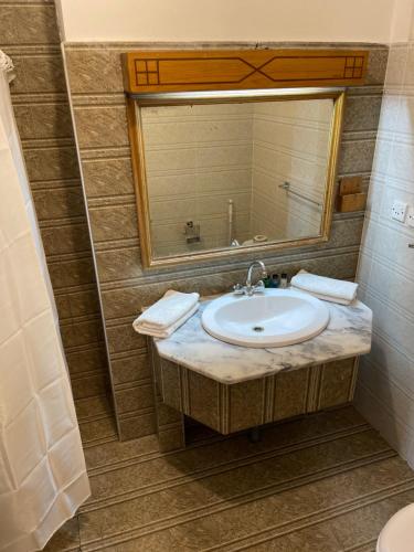 a bathroom with a sink and a mirror at Rock City Resort in Swat