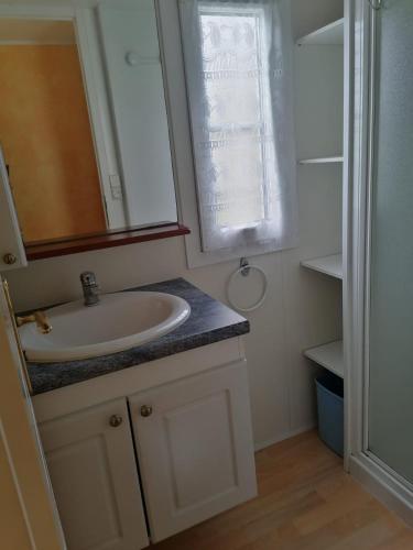 une salle de bain avec un lavabo et un miroir dans l'établissement Mobil-home dans camping municipal, à Kermaria-Sulard