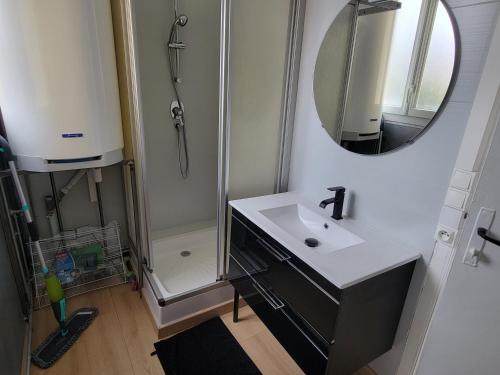 łazienka z umywalką i prysznicem oraz lustrem w obiekcie Le Solemare Appartement T3 Face Mer Cayeux sur Mer w mieście Cayeux-sur-Mer