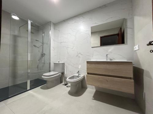 ein Bad mit einem WC, einem Waschbecken und einer Dusche in der Unterkunft VUT Pedra de Mula in Portosín