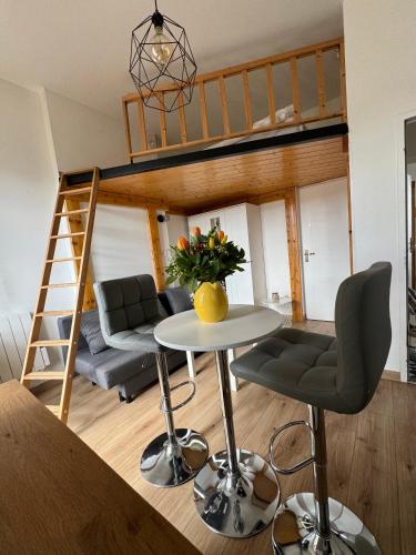 - un salon avec une mezzanine et une table dans l'établissement Studio Tassin centre, à Tassin-la-Demi-Lune