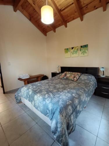 a bedroom with a bed and a wooden ceiling at Casas Altas VGB in Villa General Belgrano