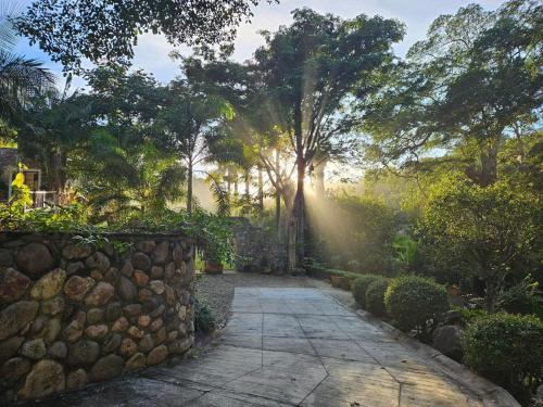 a garden path with a stone wall and trees at Quinta Pichón in Tepic