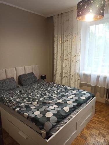 a bedroom with a bed with a black and white comforter at Apartament Parkowa in Nowy Targ