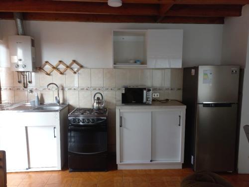 een kleine keuken met een fornuis en een koelkast bij Puesta del Sol in Pelluhue
