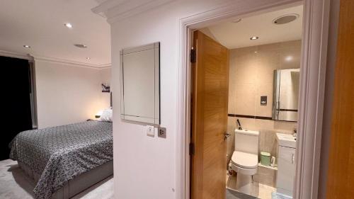 a bathroom with a bed and a toilet and a sink at Entire Apartment in London in Bromley