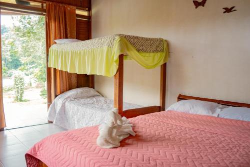 Santa Clara的住宿－Cabañas Anzu，一间卧室设有两张双层床,床上有一只动物。