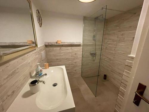a bathroom with a sink and a glass shower at Libra in Okrug Gornji