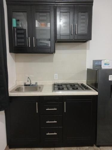 a kitchen with black cabinets and a sink and a stove at Estudios Manzanilla in Puerto Peñasco