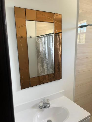 a bathroom with a sink and a mirror at R & A turquoise Rental in Providenciales