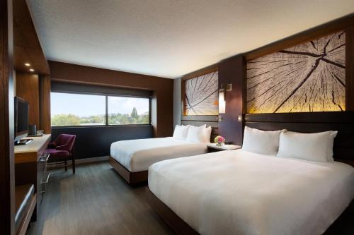 a hotel room with two beds and a window at Walnut Creek Marriott in Walnut Creek