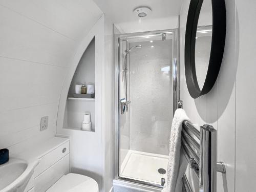 uma casa de banho com um chuveiro, um WC e um lavatório. em Bombie Glamping Pod em Cromdale