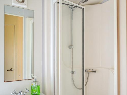 a shower in a bathroom with a sink and a mirror at Summer Willow Lodge in Tattershall