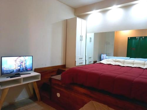 a bedroom with a red bed and a flat screen tv at Aparta Hotel in Buenos Aires