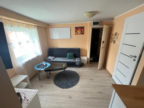 a living room with a couch and a table at Kamienica Partyzantów in Pasłęk