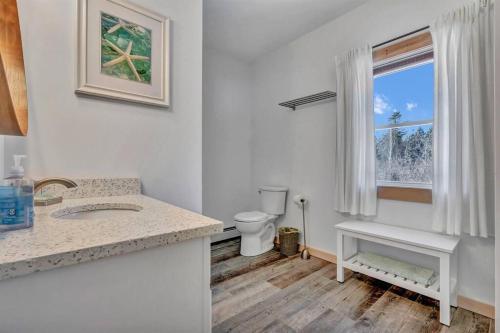 a white bathroom with a toilet and a window at Ocean View West Duplex with Walk to Crescent Beach in Owls Head
