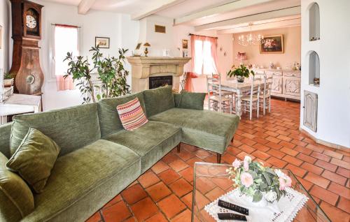 - un salon avec un canapé vert et une cheminée dans l'établissement Nice Home In La Bastide-Des-Jourdans, à La Bastide-des-Jourdans