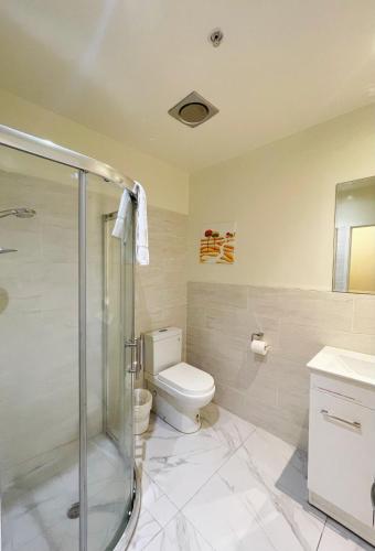a bathroom with a toilet and a shower at Grand Central Serviced Apartments in Auckland