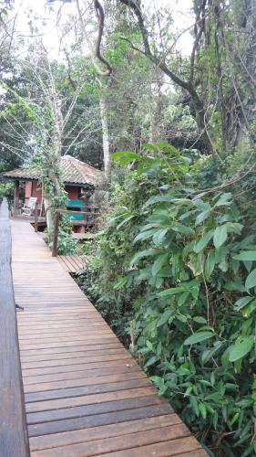 a wooden walkway through a forest with green plants at Chalés Catavento in Maresias