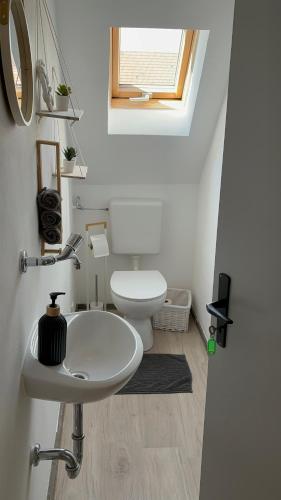 ein weißes Bad mit einem WC und einem Waschbecken in der Unterkunft Ferienwohnung Alpenblick in Benningen