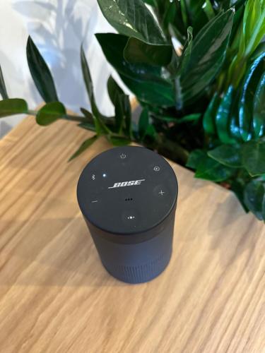 a black device sitting on a table next to a plant at Apartmán Bedřich VI. in Bedřichov