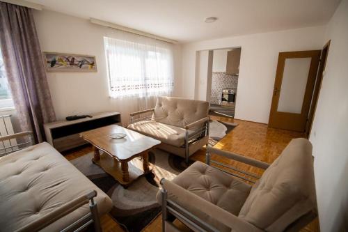 IlijašにあるThe view Apartmentsのリビングルーム(ソファ2台、コーヒーテーブル付)