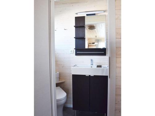 a bathroom with a sink and a toilet at Premium houseboat on the lake in Heiligenhafen