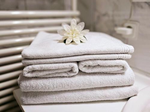 stos ręczników siedzących na ladzie w łazience w obiekcie Fasse Comfortable holiday residence w mieście Delliehausen
