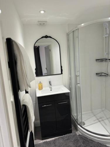 a bathroom with a sink and a shower at Exclusive Lakeside Apartment in Grays Thurrock