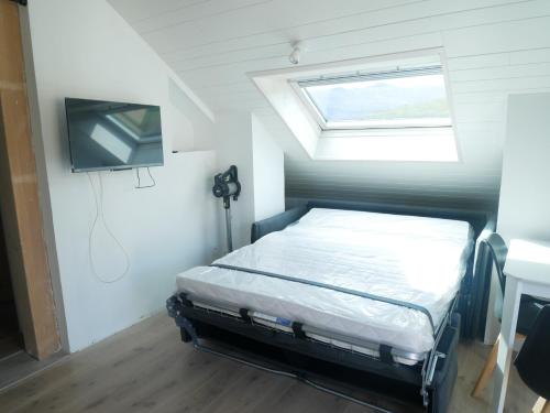 a small bedroom with a bed and a tv at Villa Cathy Studio in Aix-les-Bains