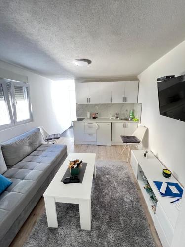 uma sala de estar com um sofá e uma mesa em Apartman Milica em Trebinje