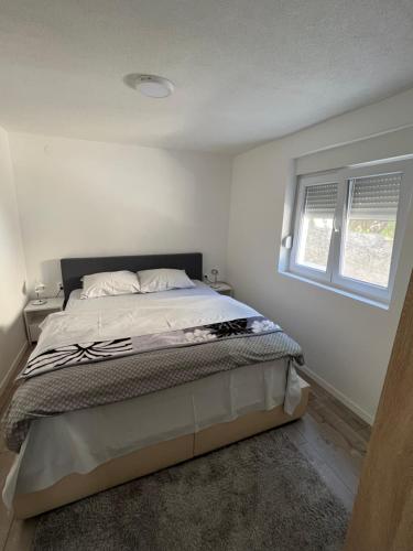 1 dormitorio con 1 cama grande en una habitación blanca en Apartman Milica, en Trebinje