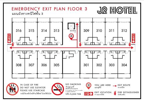 un diagrama de un plan de salida de emergencia para un hotel en J2 Hotel en Kamphaeng Phet