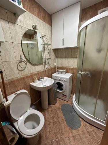 a bathroom with a toilet and a sink and a shower at TOP Center Apartment in Bitola