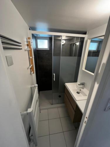 a bathroom with a shower and a sink at Gîte au bord du lac in Royère-de-Vassivière