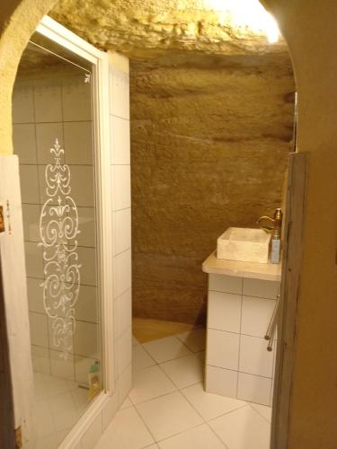 une salle de bain avec douche et lavabo dans l'établissement Studio troglodyte en Provence, à Cornillon-Confoux