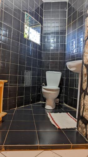a black tiled bathroom with a toilet and a sink at Châteaux Yolande in Mahajanga