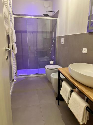 La salle de bains est pourvue de toilettes, d'un lavabo et d'une douche. dans l'établissement CorteViva Boutique Cottage, à SantʼEgidio
