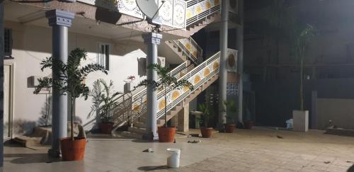 a set of stairs in a building with potted plants at the Oxbow in Madina